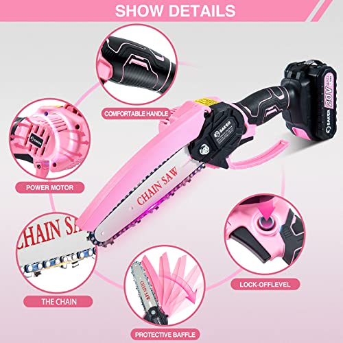 Image of Saker Mini Electric Chainsaw,6 Inch, Handheld Portable Chain Saw Pruning Shears Chainsaw Cordless for Tree Branches,Household and Garden(SAKER MINI CHAINSAW PINK + 2 BATTERIES + 3 CHAINS)