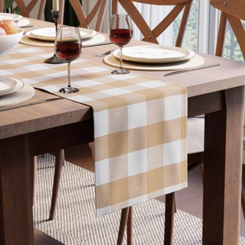 Image of Encasa XO Cotton Table Runner for 8 Seater | Size 13x91 in | Buffalo Beige Checks - Machine Washable & Durable