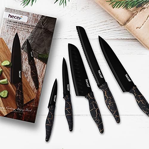 hecef 5 PCS Nonstick Coated Kitchen Knife Set with Lighting Pattern Handle and Protective Sheath, Exclusive Black Chef Knife Set, Scratch Resistance & Rust Proof