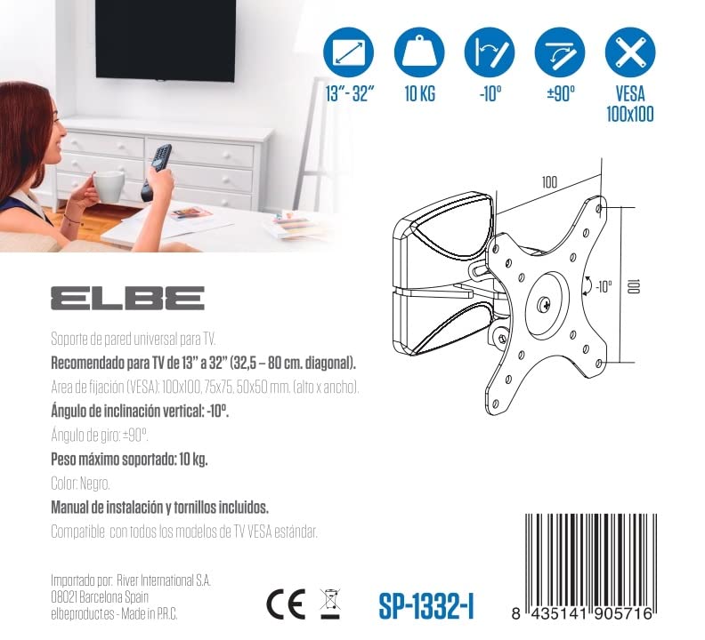 Miniatura 2 de Elbe SP-1332-I Soporte de pared universal inclinable para TV de 13 a 32 pulgadas (capacidad de 22.0 lbs), recipiente 50 x 50, 75 x 75, 100 x 100,