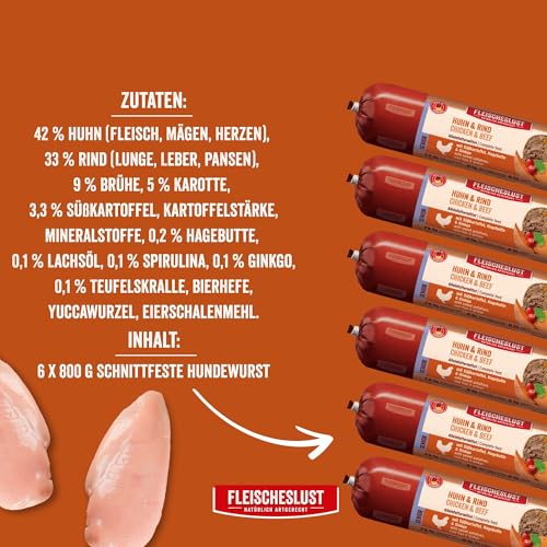 Fleischeslust Hundewurst | Senior Huhn & Rind mit Süßkartoffel, Hagebutte & Ginkgo | Futterbox (6x800g) | Nassfutter | schnittfest | getreidefrei | Alleinfuttermittel für ältere Hunde