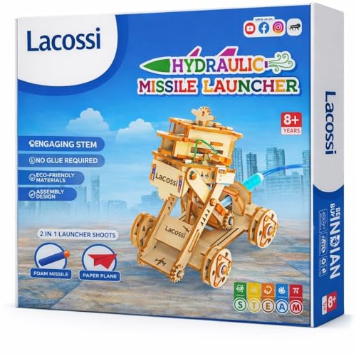 Image of 2 in 1 Hydraulic Missile Launcher & Plane Launcher STEM Wooden Construction Game, Activity Game, Science kit | Birthday Gifts for Boys & Girls I Kids 8 to 14 Years