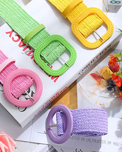 Image of WILLBOND 4 Pcs Women's Elastic Raffia Woven Belt, Boho Rattan Buckle Stretch Straw Wide Waist Belt for Dresses Jeans Pants