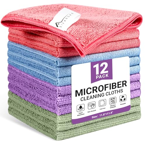 SIFANGKE Microfiber Cleaning Cloth, 12 Pack Assorted Color Cleaning Rags for Housekeeping, Colorful Reusable Microfiber Towels for Car, Kitchen, Bathroom and Household Cleaning Supplies, 11.8