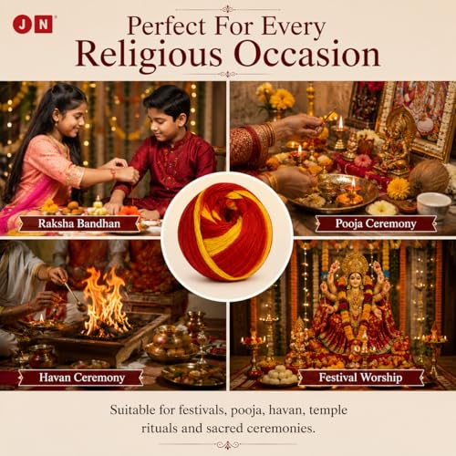 Image of JN Pure Cotton Kalava Mauli Dhaga for Pooja Rituals | Pack of 6 Rolls (20g Each) | Red & Yellow Sacred Thread | Raksha Sutra for Diwali, Rakhi, Havan & Temple Pooja | Skin-Friendly Moli