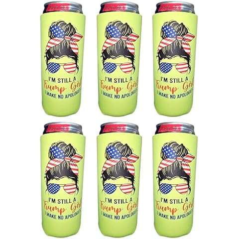 QualityPerfection Slim Can Cooler Sleeves, Beer/Energy Drink Pattern Skinny 12 oz Neoprene Coolie, Thermocoolers for 12 oz Tall Skinny Beverage - I am Still Trump Girl (Neon Yellow, 6) Cover