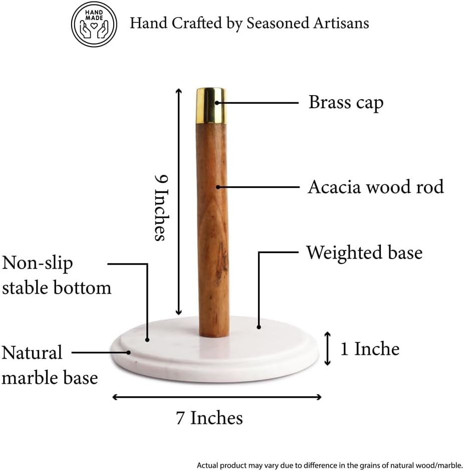 Paper Towel Holder Marble Base, Brass Top, Wooden Stand up rode Cabinet & Bathroom- Paper Tissue Roll, Wrap & Foil Paper Holder, Kitchen Organiser