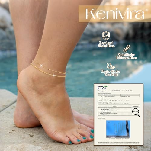 Image of Kenivira Sterling Silver Ankle Bracelets for Women,Gold Dainty Layered Waterproof Anklet for Women, Anklet Set Stackable Beach Gift Adjustable Size