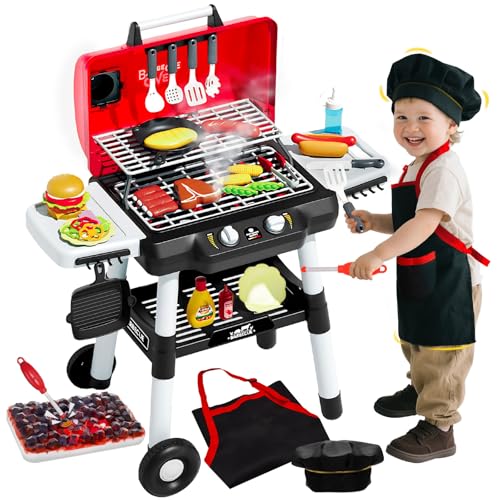 Jouet de Cuisine pour Enfants Barbecue Grill Set de Jeux Cuisine Jouets interactifs avec fumée Son Lumière Simulation Chef Tablon Chapeau Petit Chef Faire Semblant de...