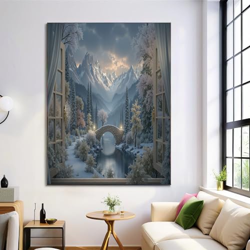 Cuadro decorativo de pared con escena invernal nevada que transmite paz en el dormitorio