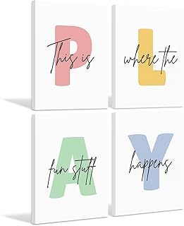 Kids Playroom Wall Art Decor Play Room Poster Baby Boy Kids Nursery Canvas Wall Decor Toddler Children Playroom Print Artwork Let's Play Sign Pictures for Bedroom Set of 4 8x10 Inch Ready to Hang