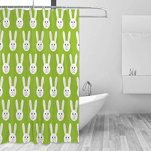 Rideau de douche lapin en tissu polyester vert lavable avec oeillets
