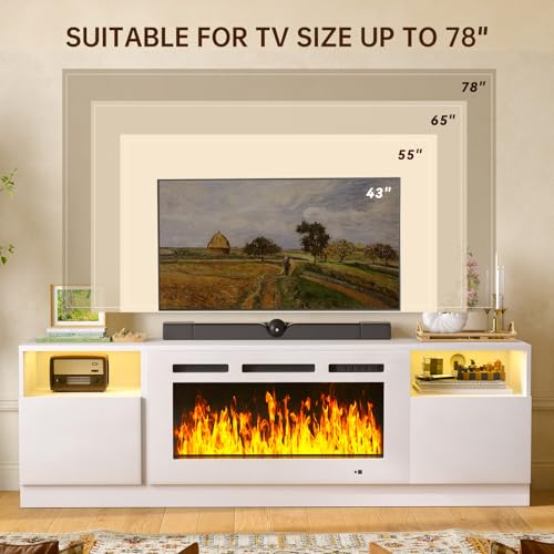 Image of MXV 70 inch Fireplace TV Stand for TVs Up to 80 inch, LED Light Entertainment Center with 36 inch Electric Fireplace, Modern Wood Texture TV Media Console with Highlight Storage Cabinet, White-White