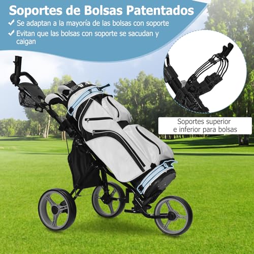 COSTWAY Carro de Golf con 3 Ruedas y Plegable, Carrito de Golf a Empujar con 4 Posiciones Regulables en Altura, Porta Paraguas Regulable y Asiento, Bolsa, Porta Bebidas, Freno de Pedal (Gris) - imagen 3