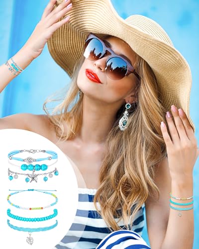 Image of Hicarer 21 PC Surfer Wave Friendship Bracelet Set Waterproof Adjustable Boho Beach String Anklets Bulk, Summer Gift for Women