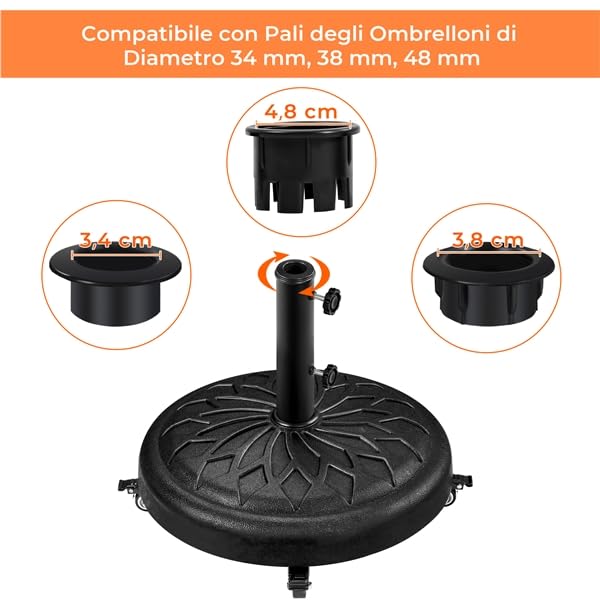 Yaheetech Base per Ombrellone da Giardino 24,7 kg in Resina e Metallo con 4 Ruote e Freni per Pali da Ø34/38/48mm con 2 Manopole Cortile Piscina Esterno Nero