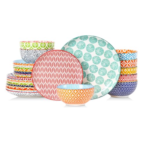 Image of Selamica Ceramic Plates and Bowls Sets,24 Pieces Dinnerware Sets for 8,Scratch Resistant Dish Set for family gathering,Dishwasher & Microwave Safe, Assorted Colors