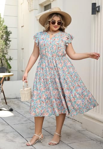 Image of Keluummi Plus Size Midi Dress for Curvy Women Wedding Guest Summer Floral Empire Waist Short Sleeve with Pockets