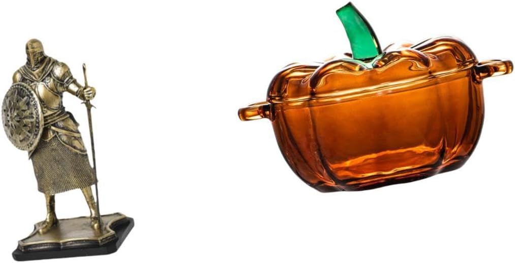 European Knight Sculpture with Pumpkin Glass Candy Dish Cookie Jar for Entryway Living Room Home Decor