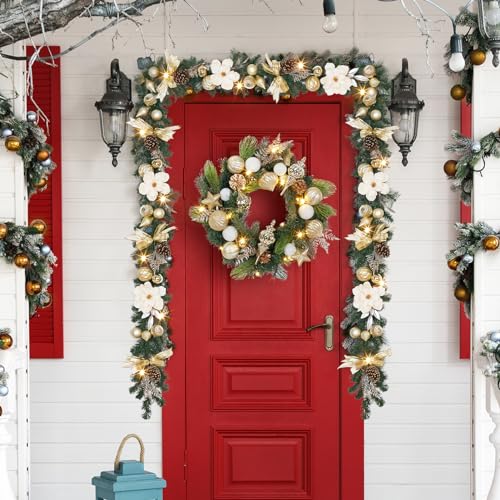 6FT Pre-Lit Christmas Garland, Xmas Garland with 20 Led Lights & Timer for Mantle Staircase Table, Winter Garland with Ribbon, Xmas Balls, Snowflake, Battery Operated, Gold