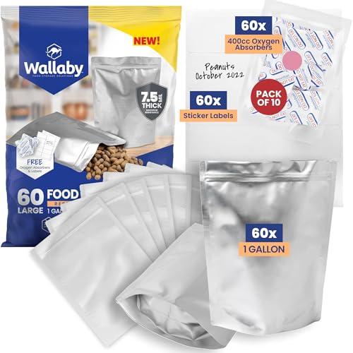 Wallaby 60 Count 1-Gallon Gusset Mylar Bags with 400cc Oxygen Absorbers, 15 Mil Total Thickness Long-Term Food Storage Pouches, 10x14 Stand-Up Resealable Heat-Sealable Airtight Packaging - Silver