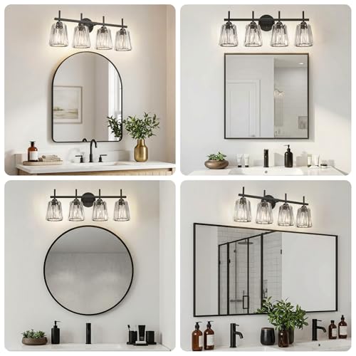 Image of Crystal Bathroom Light Fixtures Over Mirror, Black 4-Light Bathroom Vanity Lights Over Mirror Modern Wall Lighting Sconces with Ceramic E26 Base (Bulbs Not Include)