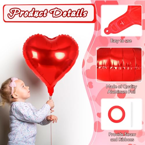 Image of 24 Pcs Red Heart Balloons, 100 Pcs Heart Hanging Streamers, 18 Inch Heart Foil Balloons Valentine's Day Balloon Love Balloon for Valentines Day Proposal Wedding Party Decorations
