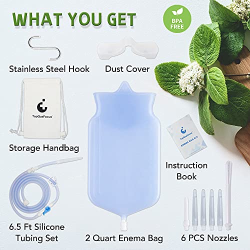 TopQuaFocus Coffee Enema Bag Kit with 6.5FT Hose & 6 Nozzles for Anal Douche Cleaning, Home Shower Enema Kit for Gerson Colon Cleansing