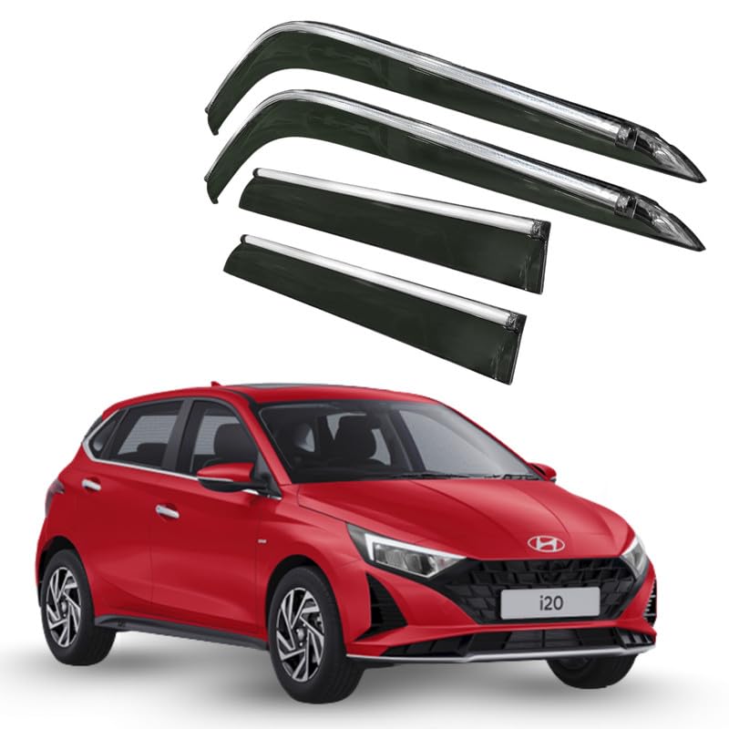 Image of CAR SAAZ Side Door Visors for I20 (2020-Present)(Set of 4Pcs)|Chrome Lined Rain Guards, Polycarbonate, Smoke Finish