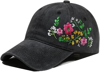 Floral Embroidered Baseball Cap for Women Men, Adjustable Washed Cotton Retro Dad Hat, Gifts for Flower Lovers