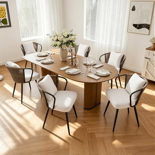 Daluvenix Rope Weaving Dining Chairs Set of 6, Rattan Upholstered Kitchen Chair with Metal Legs, Ergonomic Curved Backrest, Modern Living Room Chairs with Throw Pillow for Kitchen, Brown