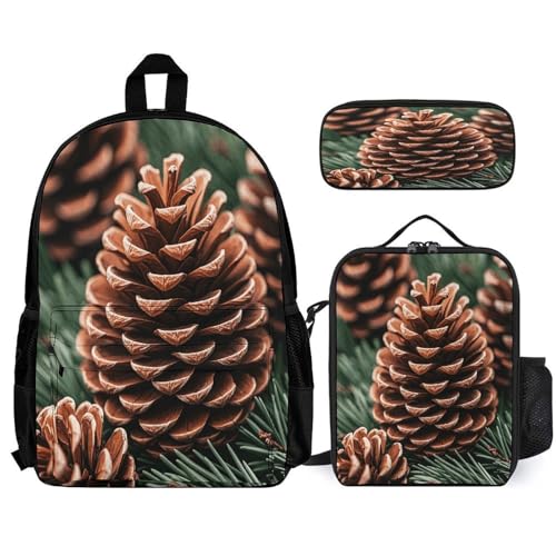 3-in-1 Backpack Combination Set Rustic Brown Pinecone Print 3Pcs Backpack Sets Travel Daypack with Lunch Bag And Cosmetic Bag