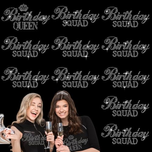 PH PandaHall 11pz Toppa Termoadesiva con Scritta Birthday Queen Squad Argento Trasferimenti su Ferro con Strass Brillantini per Donne Feste di Compleanno Magliette Cappelli Giacche Jeans