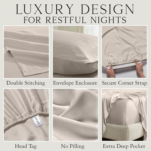 Image of KARISSA MAE 6 Piece Luxury Bamboo Viscose King Sheet Set, 4 Pillowcases | FSC Certified | Cooling | Ultra Soft | 18 inch Deep Pockets | Elastic Corner Straps | Includes Organizer Band [Dune]