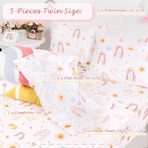 Image of Twin Size Toddler Bedding Set for Girls- 5 Piece Rainbow Toddler Girl Bedding, Super Soft & Lightweight Toddler Comforter Set Includes Comforter, Flat Sheet, Fitted Sheet, Pillowcase (Pink)