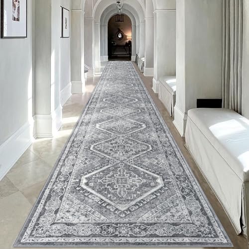 KUTA Extra Long Runner Rug for Hallway 2.6x18ft, Oriental Washable Kitchen Rugs, Grey Non-Slip Stair Runners Indoor Soft Printed Vintage Floral Medallion Carpet for Bedroom Living Room Nursery