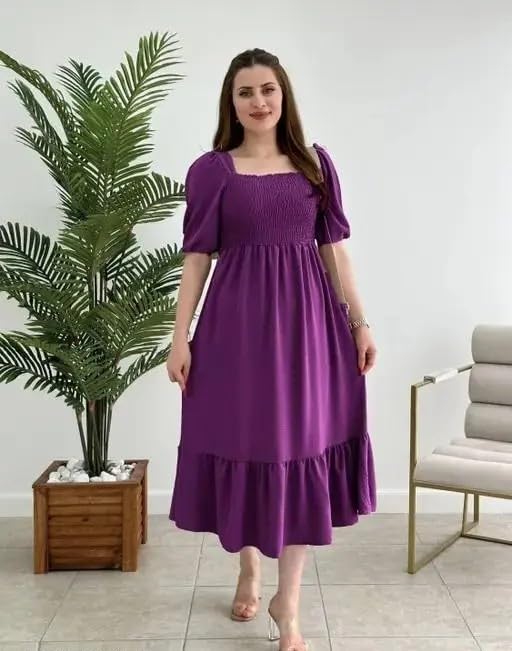 Image of Women's Solid Puffed Elbow Sleeves Smocked Flared Hem Maxi Dress