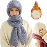 Women Balaclava Hood Scarf Hat Knitted Fleece Elastic Winter Integrated Ear Protection Windproof Cap Beanie Hat (Blue)