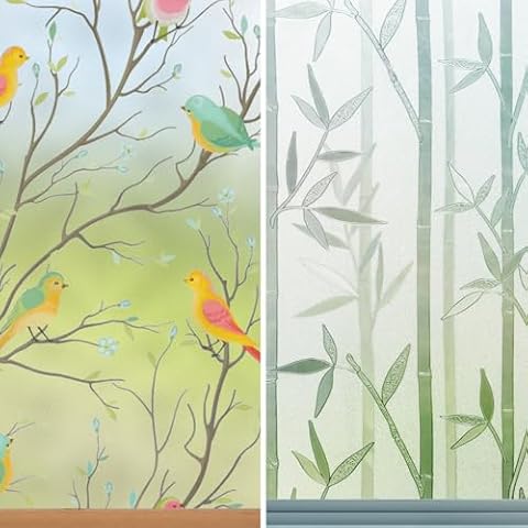 KAFUTER Window Privacy Film Translucent Bird + Bamboo Decorative Window Film (17.5 x 78.7 inches) Cover