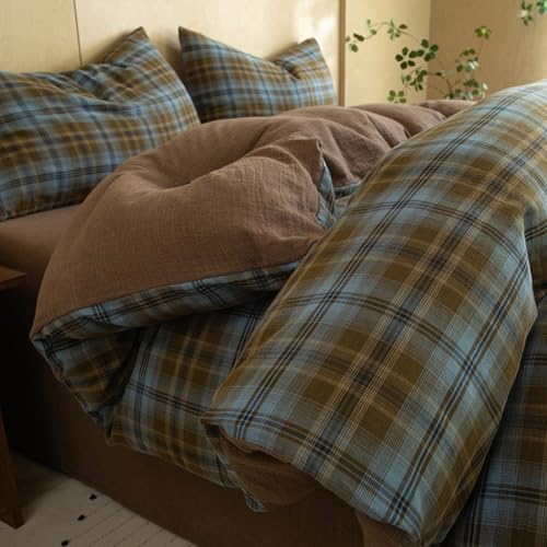 Image of LifeTB Vintage Buffalo Plaid Comforter Set King, Modern Style Blue & Brown Grid Bed Comforter with 2 Pillowcases, 3 Pieces Soft Fluffy Checkered Pattern Comforter Farmhouse Gingham Plaid Bedding Set
