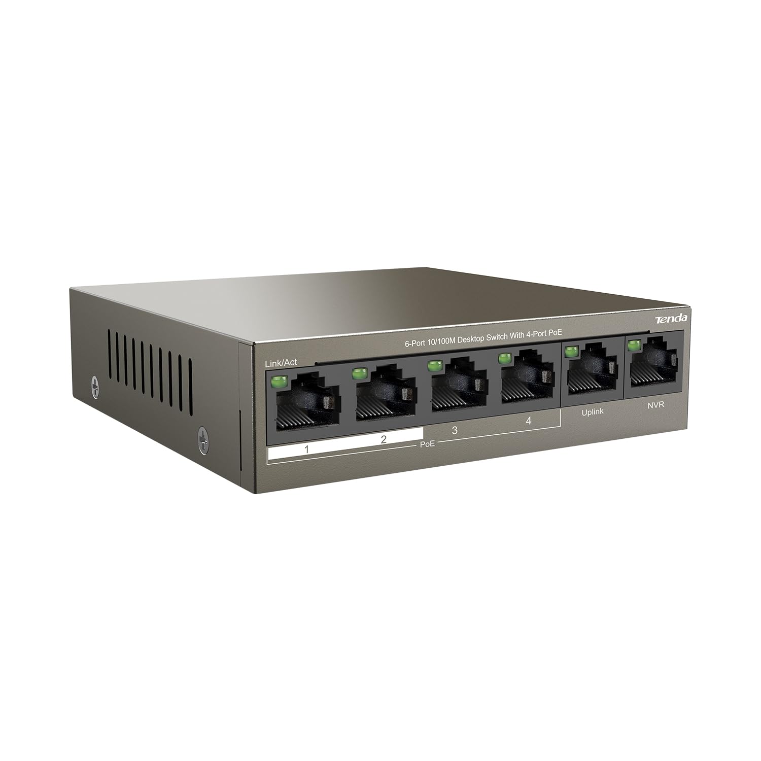 Tenda PoE Switch 6-Port 10/100Mbps (4 PoE+ & 2 Uplink Ports, 58 W for all PoE Ports, QoS, 250m Transmission Distance, 802.3at/af, Desktop/Wall Mounting, Metal Case, Plug and Play) (TEF1106P-4-63W)