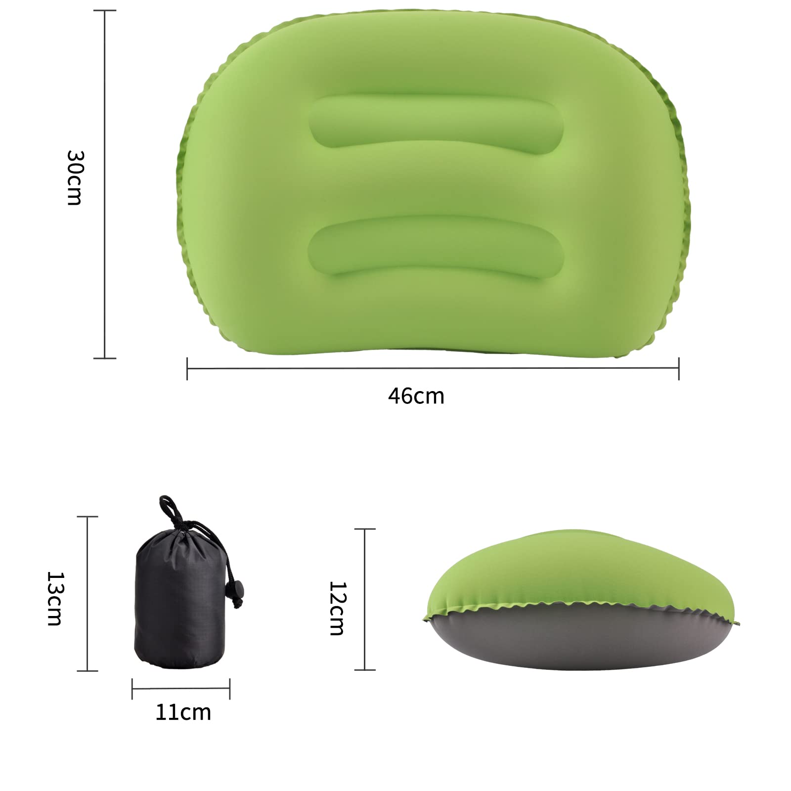 2X Cuscini Gonfiabili da Campeggio Ultraleggero Cuscino da Spiaggia Pieghevole e Portatile Cuscini per Viaggio, Escursioni 46x30 cm Verde