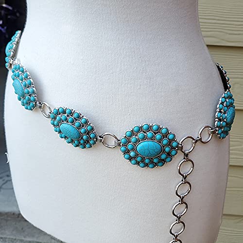 Western Concho Fashion Stone Chain Belt Western Flower Concho (Turquoise)2