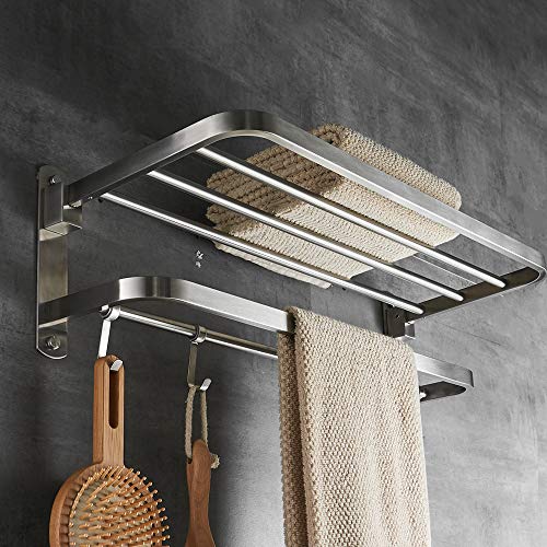 Besy Premium Sus 304 Stainless Steel Towel Racks For Bathroom, Foldable Bathroom Shelf With Towel Bar Rod Hooks, Multifunction Double Towel Bars Hotel Style, Screw Wall Mount, Brushed Nickel, 22 Inch #TOP1
