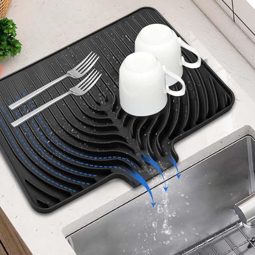 Dish Drying Mat for Kitchen Counter, 17.7" x 11.8" Silicone Dish Drying Pad, Food-Grade Silicone, Easy Clean Pad for Countertop Protection, Multi-Functional Use (Black) 17.7"x11.8"x0.59" Bla