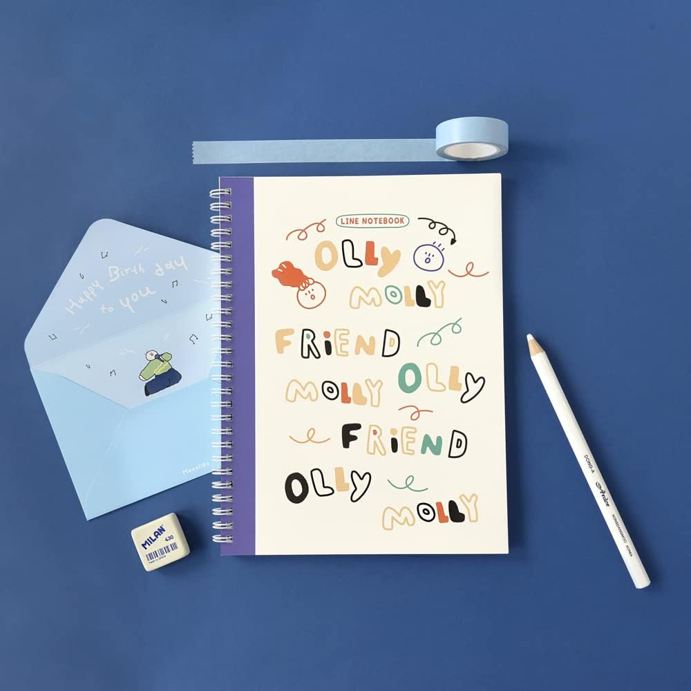 Monolike Spiral School Notebook, Olly Molly A 4P SET - 7.09 x 9.45inch, 98 Page, Academic Line Notebook