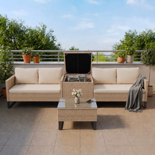 Juskys Coin Lounge extérieur Santorini en polyrotin - Salon de Jardin avec Table Basse et Coffre à Coussins - Meubles de Jardin en Imitation rotin résistant...