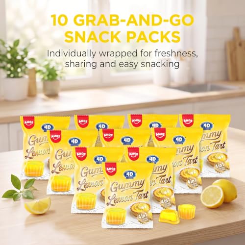 Image of AMOS 4D Gummy Lemon Tart Candy, Lemon and Cheese Flavored Gummies, Crunchy Outside and Gummy Inside, 10 Individually Wrapped Snack Packs, 8.47 oz