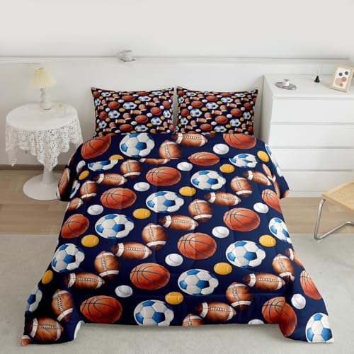 Image of Feelyou Soccer Football Comforter Set Queen Size Basketball Baseball Softball Sport Theme Bedding Set for Kids Boys Girls Navy Blue Duvet Quilt Bedroom Decor Microfiber 3 Pcs with 2 Pillow Cases
