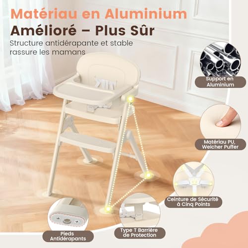 Chaise haute bébé compacte pour économiser l'espace en beige